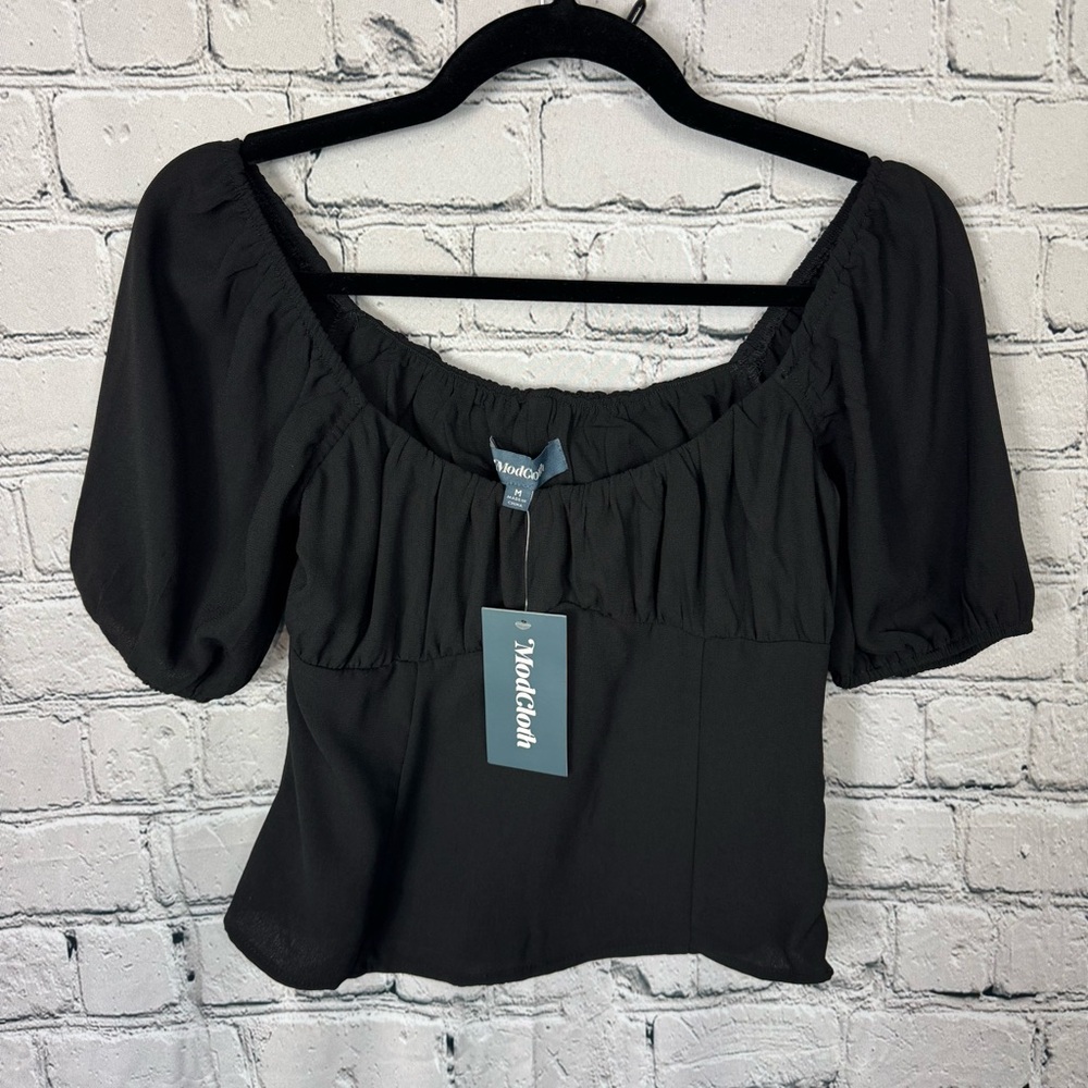 Modcloth NWT Black Puff Sleeve Prairie Retro Square Neck Blouse Size Medium